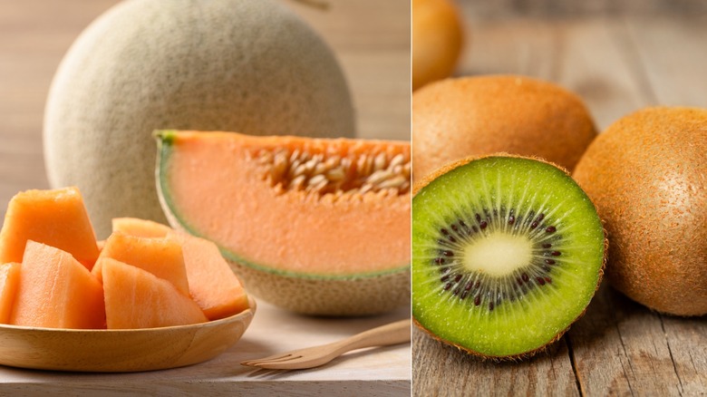 Close up of a melon on the left and kiwifruit on the right