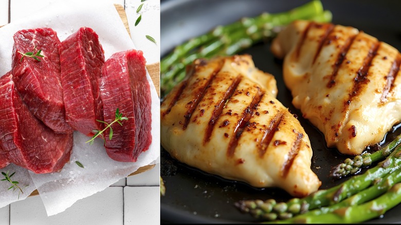 Close up of raw meat and cooked chicken