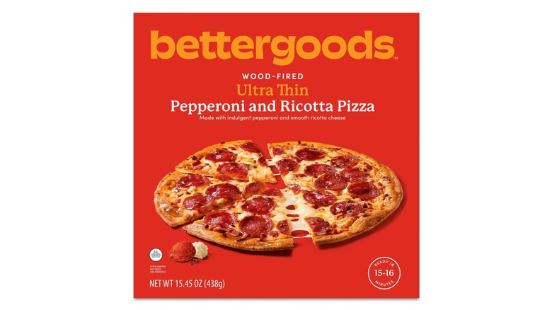 A red box of bettergoods Wood-Fired Ultra Thin Pepperoni and Ricotta Pizza
