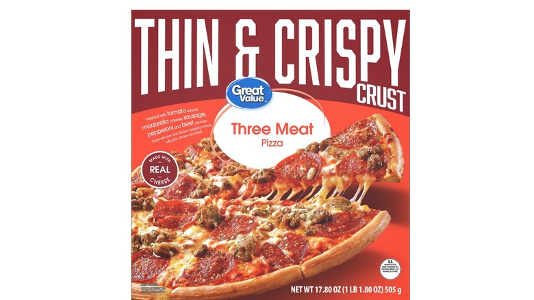 A box of Great Value brand Thin and Cispy Crust Three Meat Pizza
