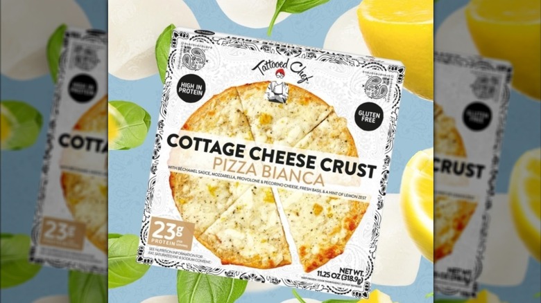 A box of Tattooed Chef brand Cottage Cheese Crust Pizza Bianca