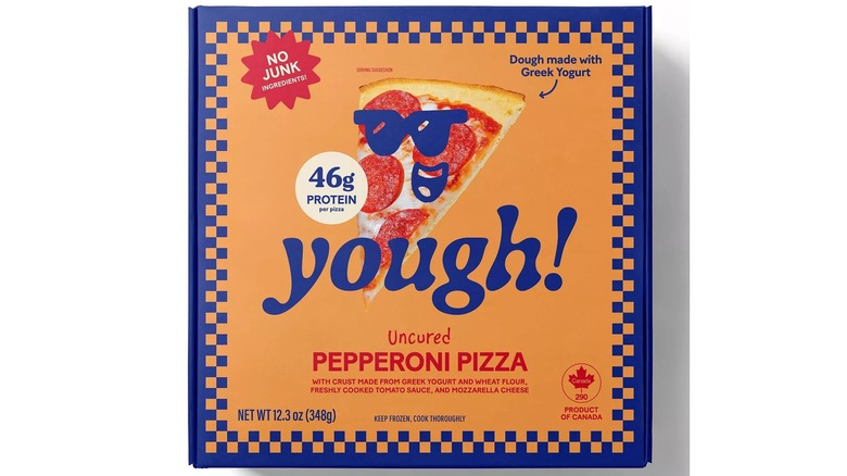 An orange and blue box of Yough! brand uncured pepperoni pizza