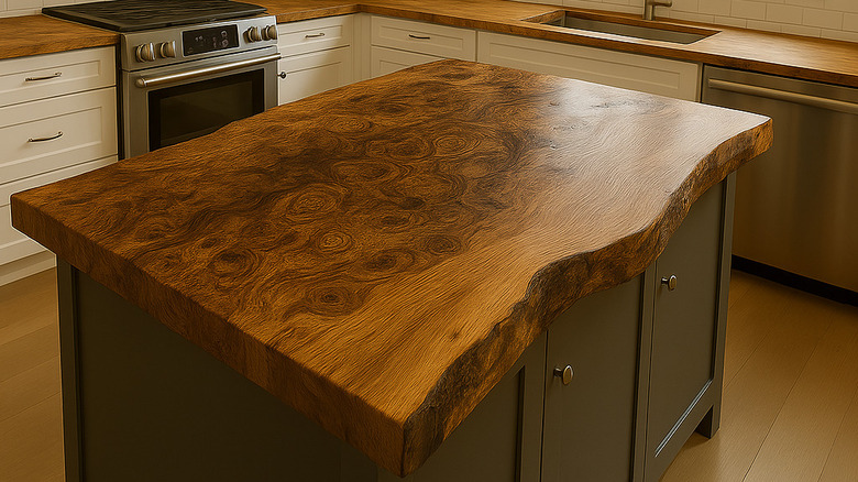 A small kitchen with a custom live edge burl wood island in black walnut