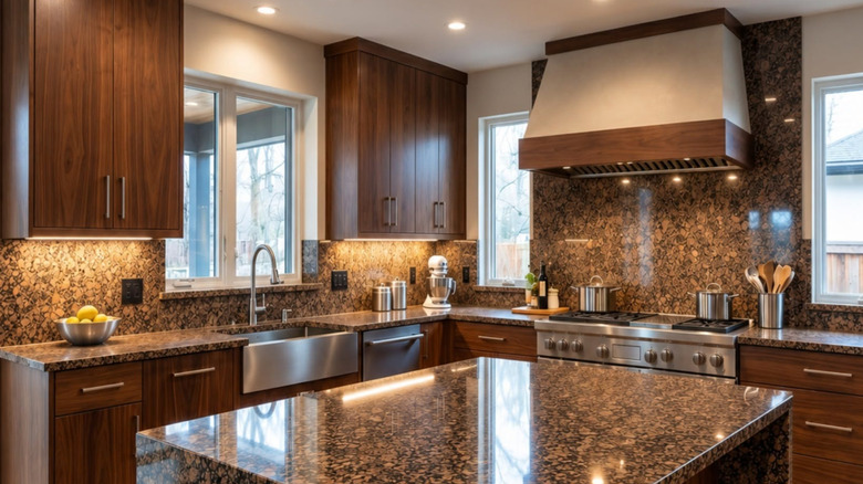 Baltic Brown granite countertops and kitchen island in a kitchen with dark-stained maple cabinets