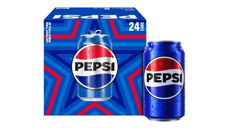 A 24-pack box of Pepsi next to a Pepsi can on white background