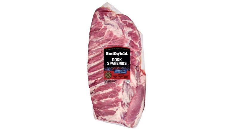 A package of Smithfield Fresh Pork Spareribs on white background