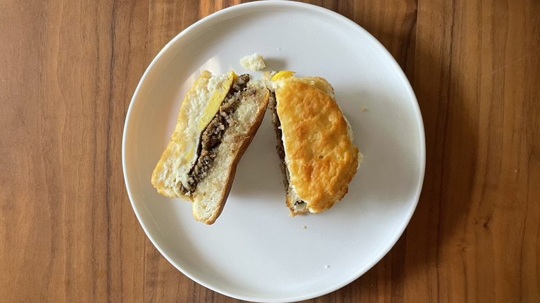 Sausage breakfast biscuit on a plate