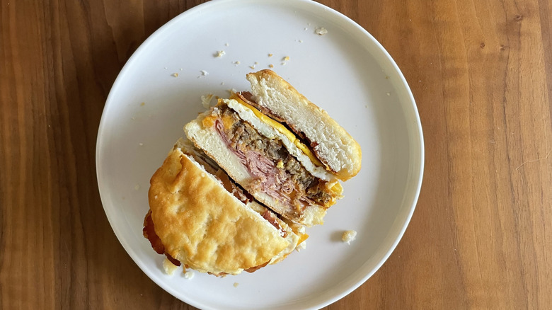Monster breakfast sandwich on a plate