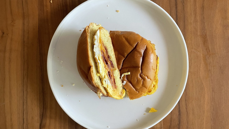 Brioche bacon breakfast sandwich on a plate