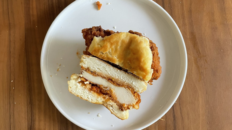 Hot honey chicken biscuit on a plate