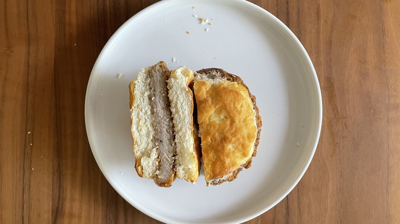Pork Chop and Gravy biscuit on a plate