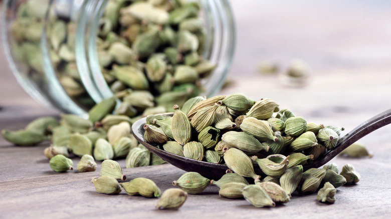 Green cardamom pods spilling out of a jar into a spoon