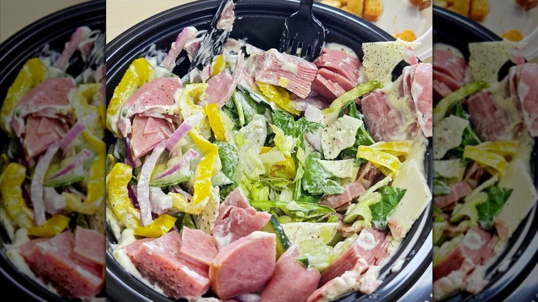 close up of Subway's 5 Meat Italian Protein Bowl in to-go bowl