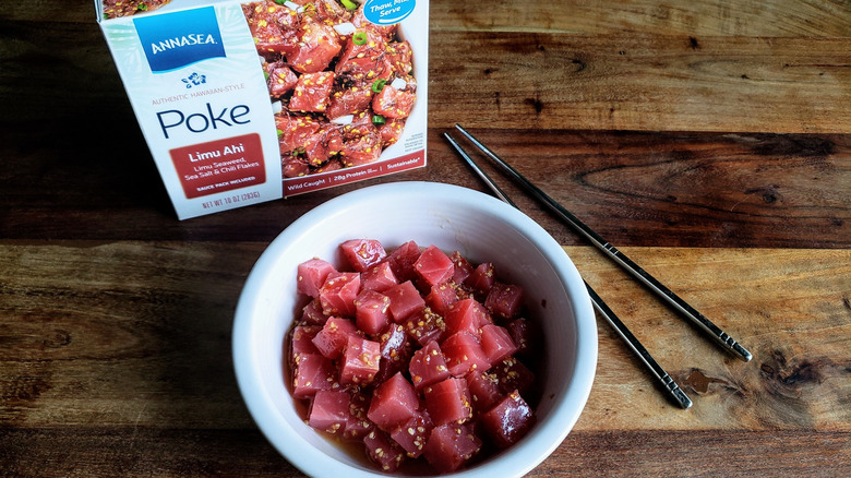 Annasea Limu Ahi Tuna Poke Kit on wooden table with chopsticks