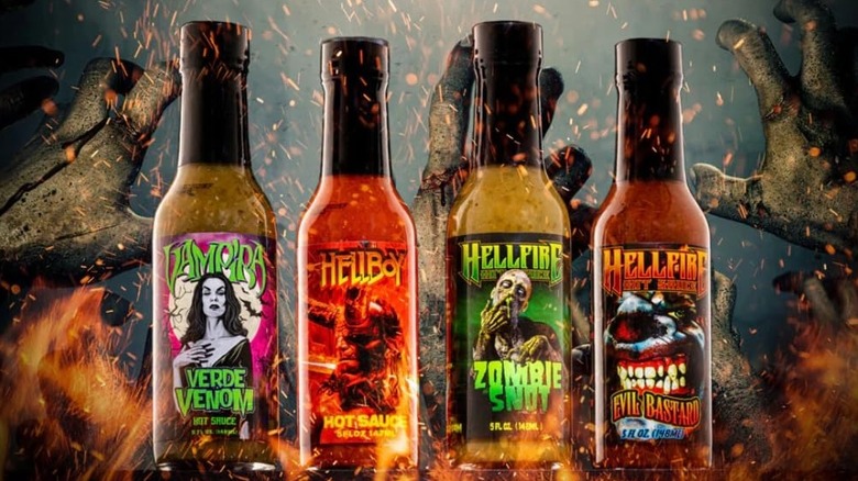 Four bottles of Hellfire Hot Sauce from its Creature Feature collection