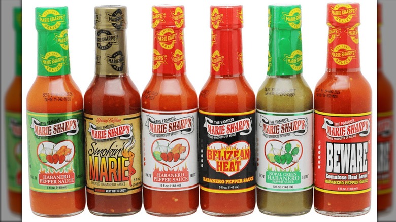 Six bottles of Marie Sharp's hot sauce