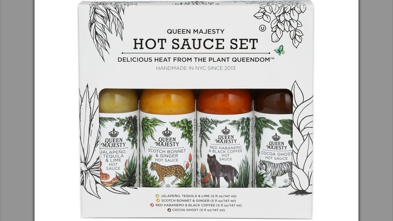 A Queen Majesty Hot Sauce gift set containing four bottles of hot sauce