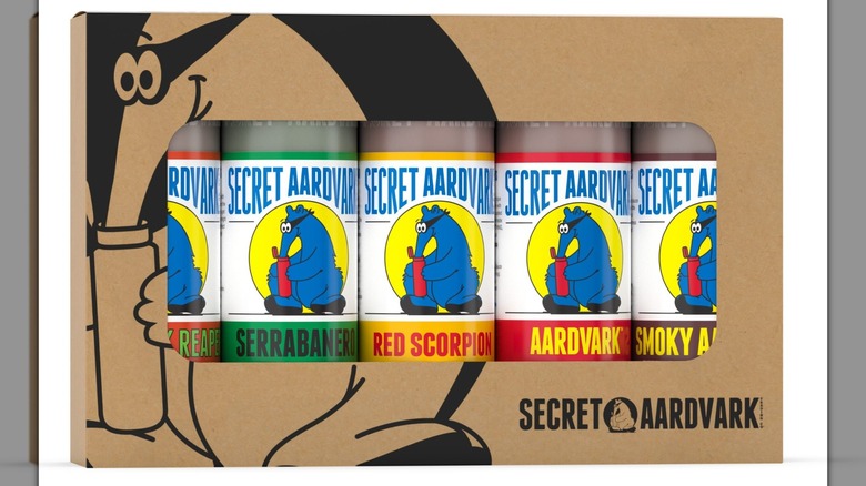 A gift set of five bottles of Secret Aardvark hot sauces