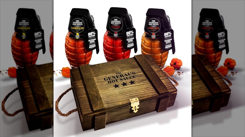 The General's Hot Sauce Ammo Crate Gift Box with three bottles of hot sauce