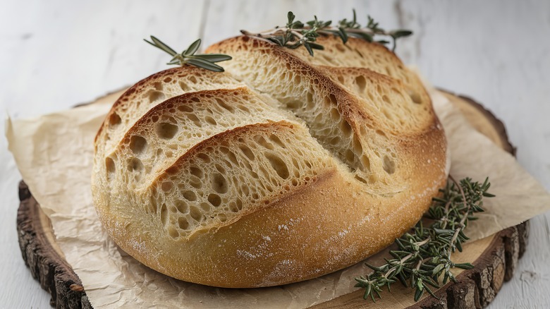 rustic bread with rosemary on cutting board