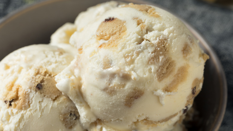A close-up of a scoop of cookie dough ice cream