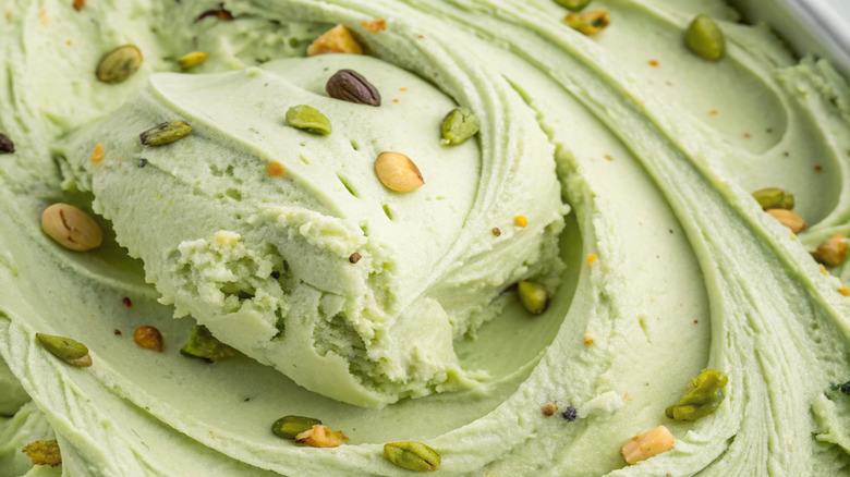 A close-up of pistachio ice cream