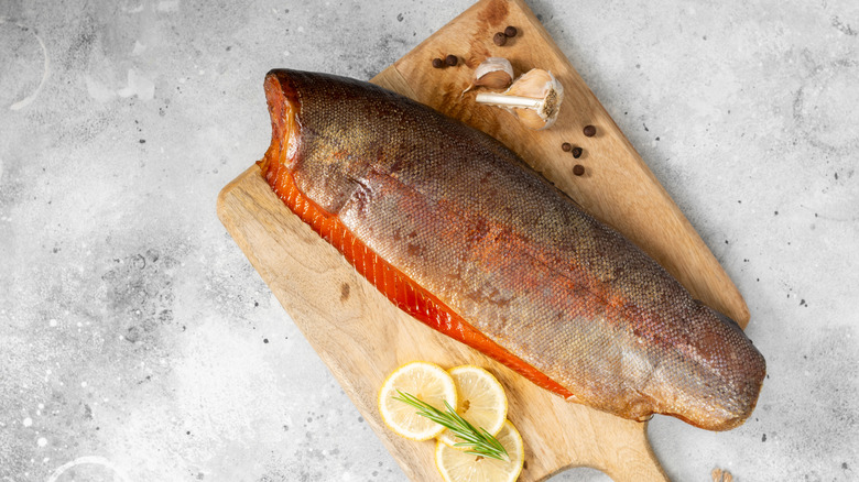 Smoked trout on a cutting board