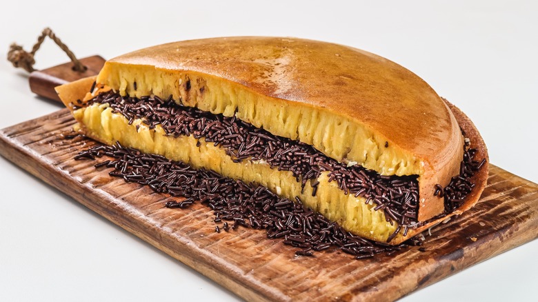 Martabak Manis Indonesian pancake on wooden platter