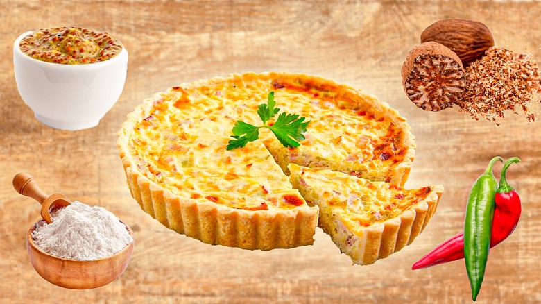 Quiche surrounded by ingredients