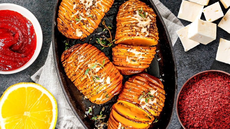Hasselback potatoes and sauces
