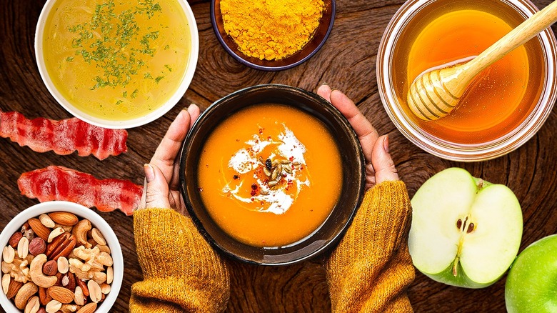 Pumpkin soup and ingredients