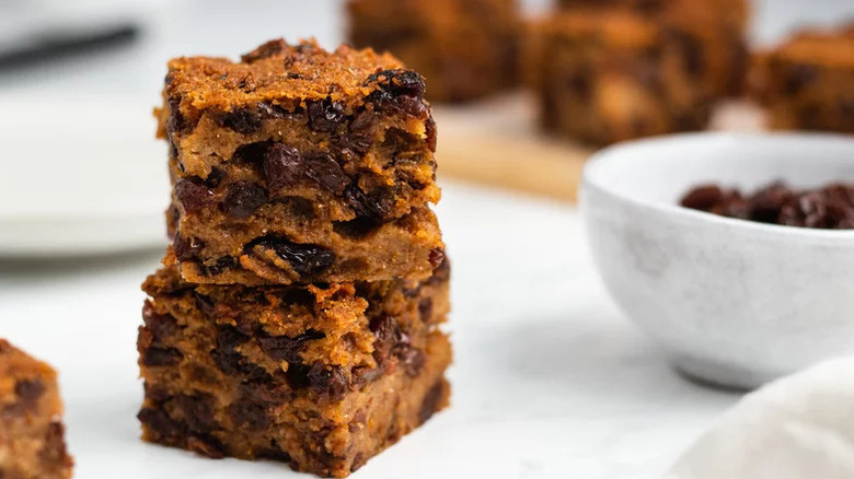 Rich Bread Pudding slices stacked