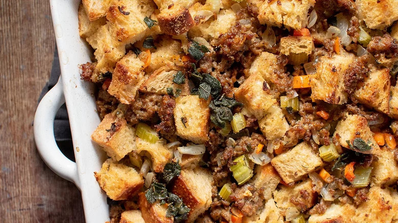 close up of stuffing in dish