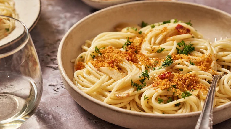 bowl of Spaghetti Aglio E Olio And Calabrian Breadcrumbs