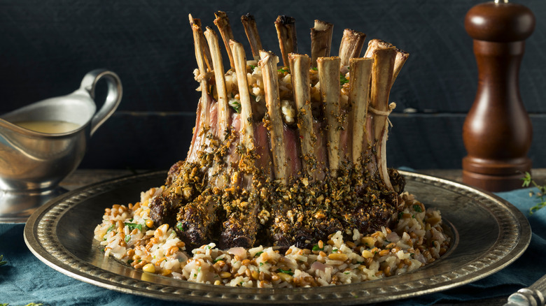 Crown roast of lamb on silver platter