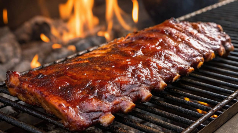 a rack of pork ribs glazed in sauce on a grill