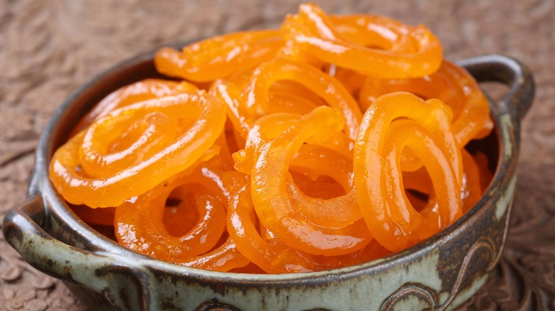 Jalebi in ceramic bowl
