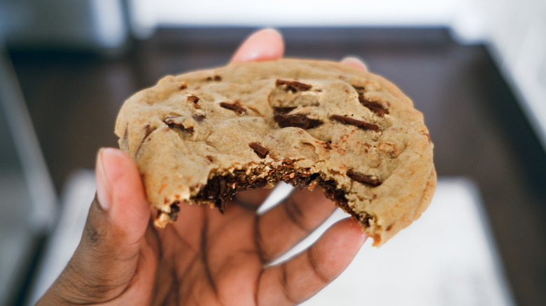 Hand holding bitten chocolate chip cookie