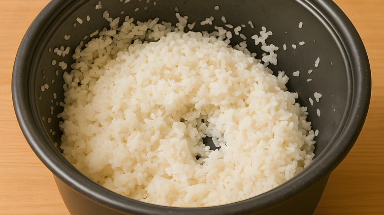 Leftover rice in a black pot