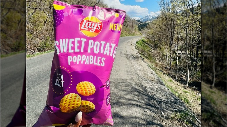 A woman's hand holding a bag of Lay's Sweet Potato Poppables up in front of a mountain road