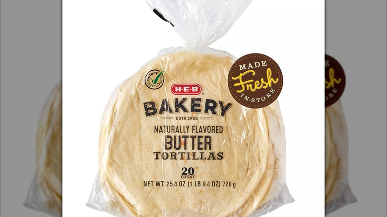 Packet of H-E-B Bakery butter tortillas on a white background