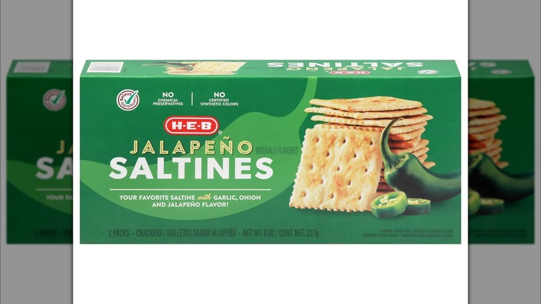 Box of H-E-B's jalapeño saltines on a white background