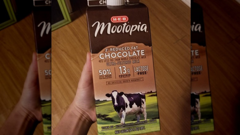 Mirrored image of a hand holding a carton of Mootopia chocolate milk
