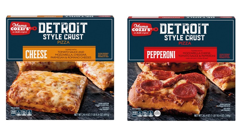 Aldi Detroit Style frozen pizzas on white background