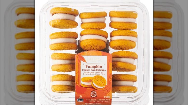 Package of Aldi Bake Shop Pumpkin Sandwich Cookies on white background