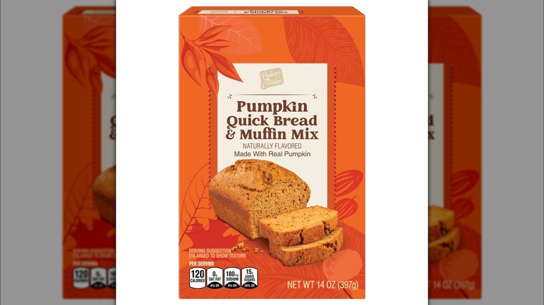 Box of Aldi Baker's Corner Pumpkin Quick Bread Mix on white background