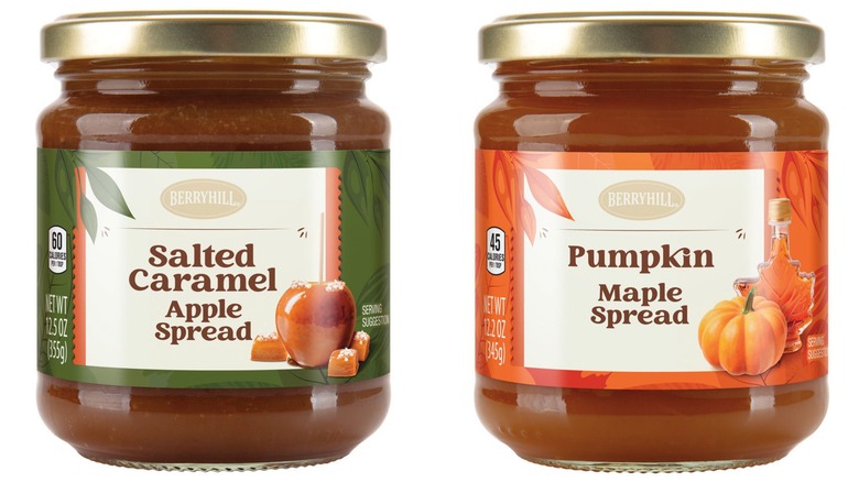 Jars of Aldi Berryhill Spread in Salted Caramel Apple Spread and Pumpkin Maple Spread on white background