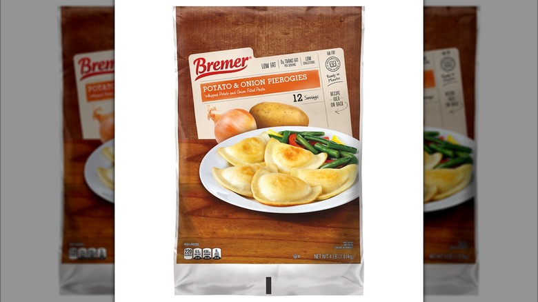Bag of Aldi Bremer Onion Pierogies on white background