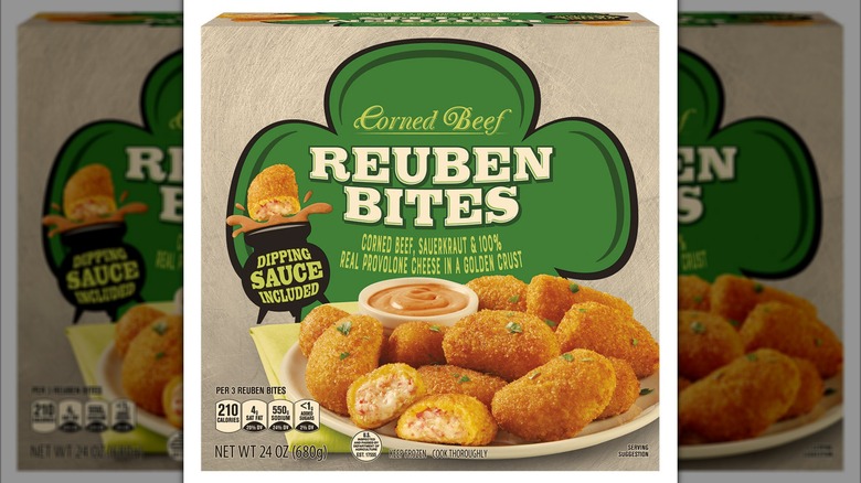 Box of Corned Beef Reuben Bites on white background