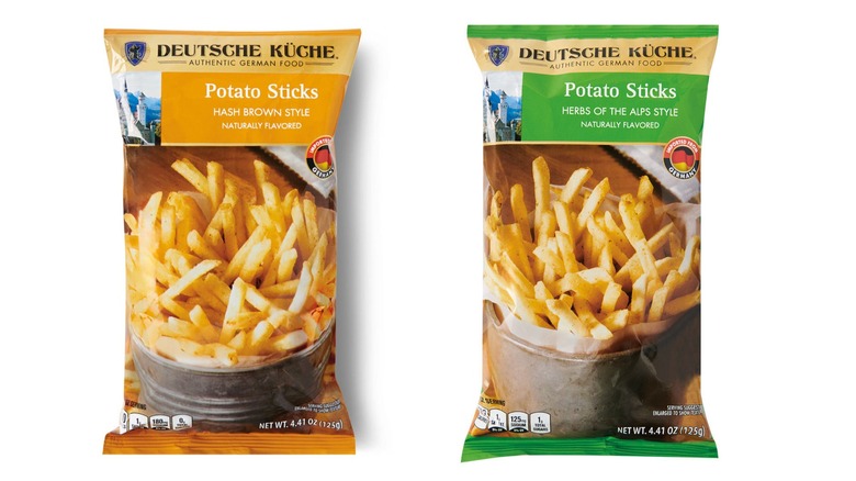 Two bags of Deutsche Kuche Potato Sticks in Hash Brown style and Herbs of the Alps style on white background